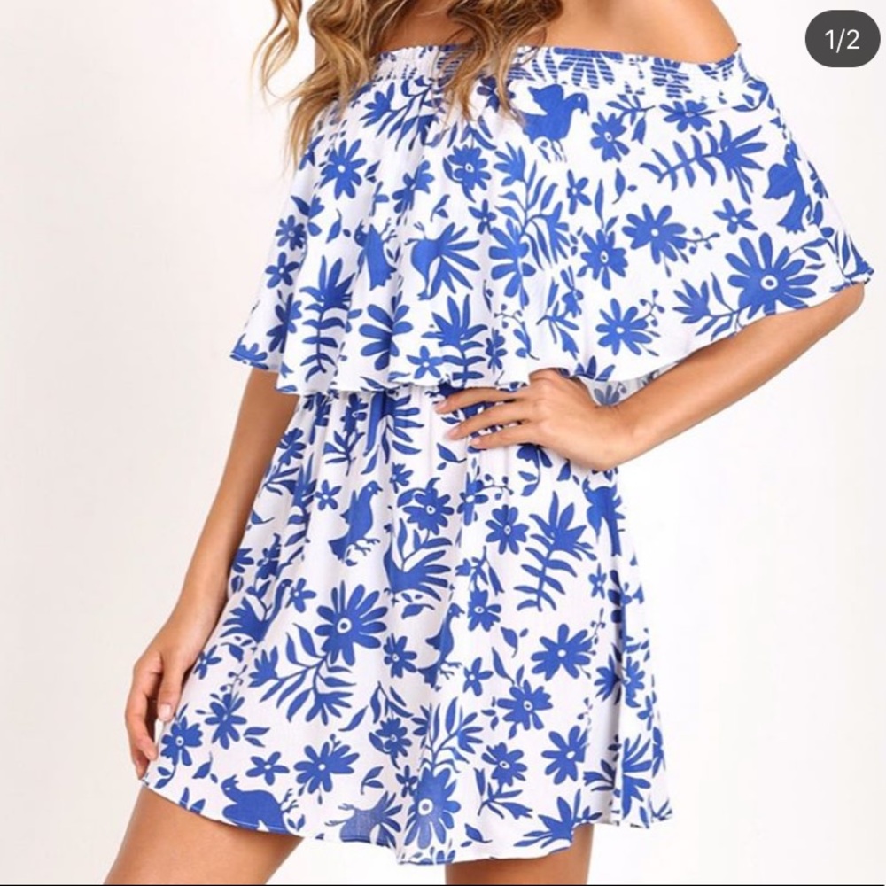 show me your mumu blue and white strapless dress
